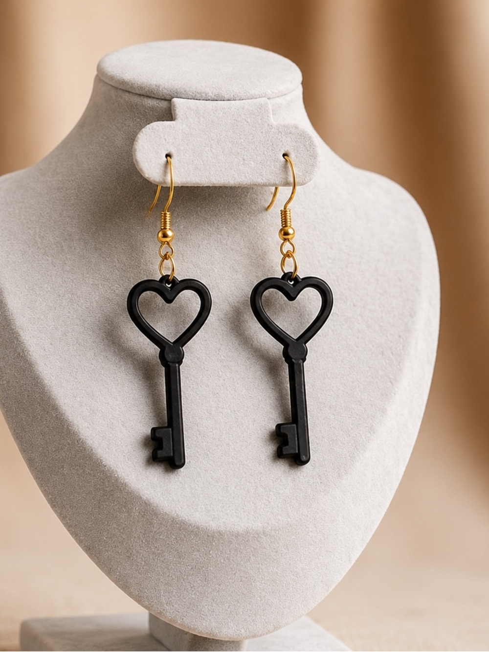 3D printed Black Heart Key Drop Earrings - Women Jewelry